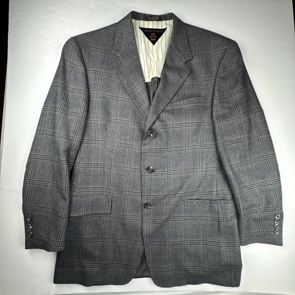 Vintage Tommy Hilfiger Mens Blazer 40R Grey Glen‎ Plaid 3 Button Made in USA